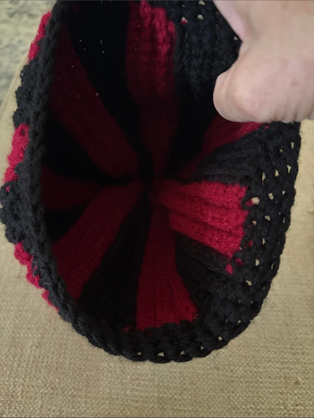 Handmade Striped crochet Pom Beanie Hat in Black and Red